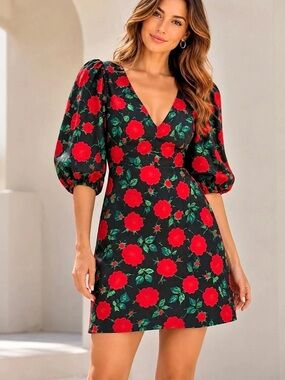 Dresses | Black Red Rose Print Puff Sleeve Mini Dress Large | Poshmark